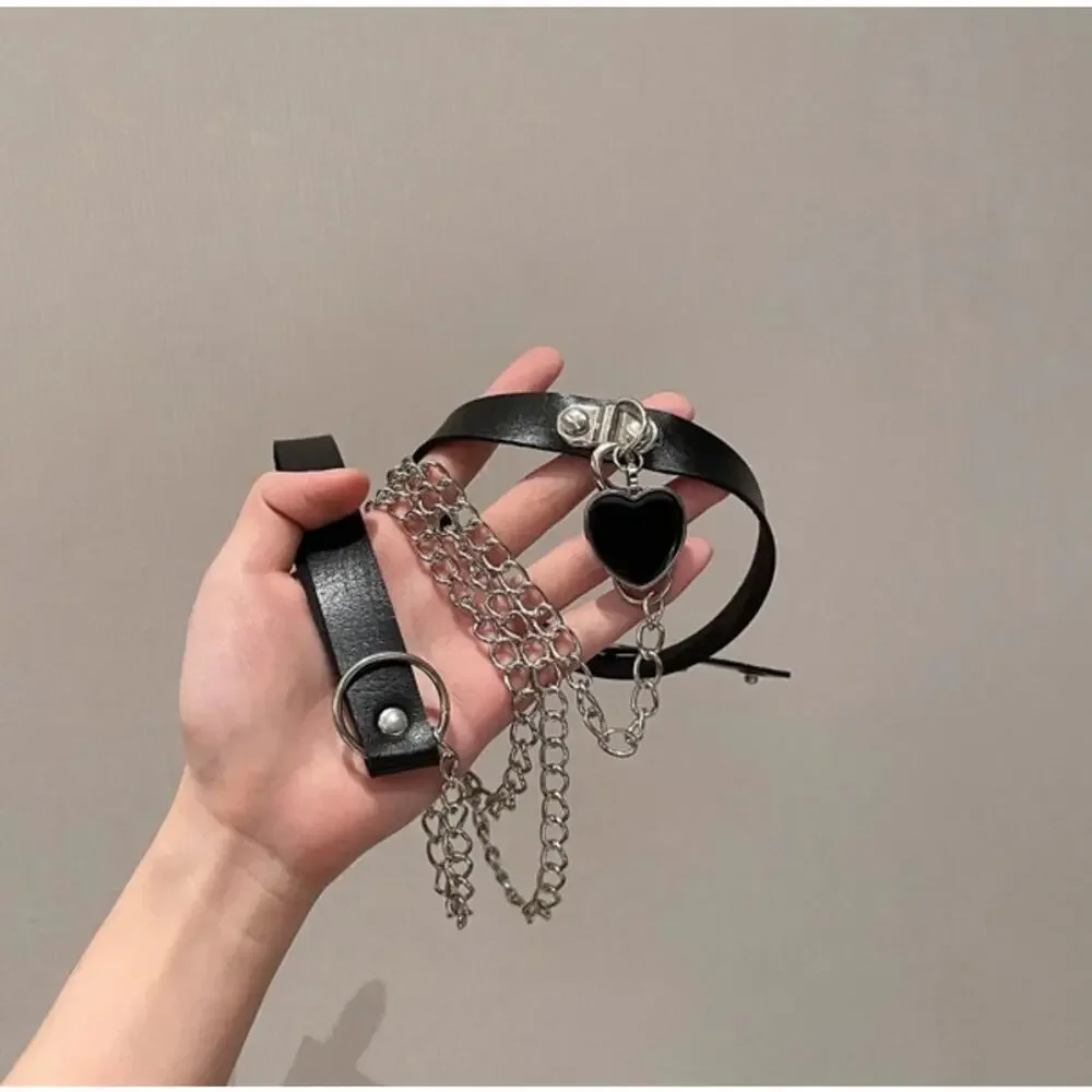 Punk Goth Black PU Leather Heart Choker Collar with Leash Set